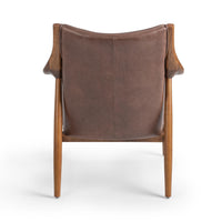 Rear view of the Barrel Brown leather chair with an exposed ash frame