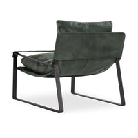Rear three-quarter view of forest green leather sling chair with open iron frame
