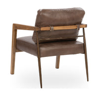 Rear view of the Truffle Brown leather chair showing cushion straps around the ash back rail
