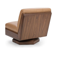 Rear three-quarter view of the tan leather swivel chair showing the walnut shell grain