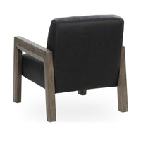Rear view of the black leather accent chair with exposed wood arms and legs