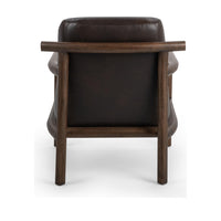 Rear view of the Dark Roast leather chair with a broad rounded wood back rail