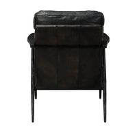 Rear view of the Jet Black leather chair showing paneled upholstery and iron rails