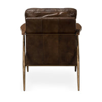 Rear view of the Truffle Brown leather chair showing paneled upholstery and slender iron rails