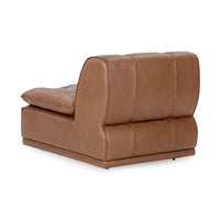 Rear three-quarter view of toffee brown leather armless chair with vertically seamed back