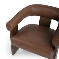 Overhead detail of the Rich Cocoa leather chair showing its rounded arms and open back