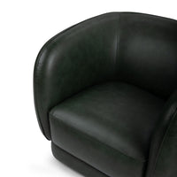 Hunter Green leather swivel chair detail showing its curved inner back and piped seat