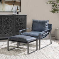 Ocean Blue leather sling chair styled with a separate footstool in a living room