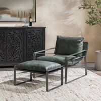 Forest green leather sling chair styled with a matching footstool, which is not included