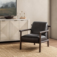 Dark Roast leather accent chair styled beside a geometric-front cabinet