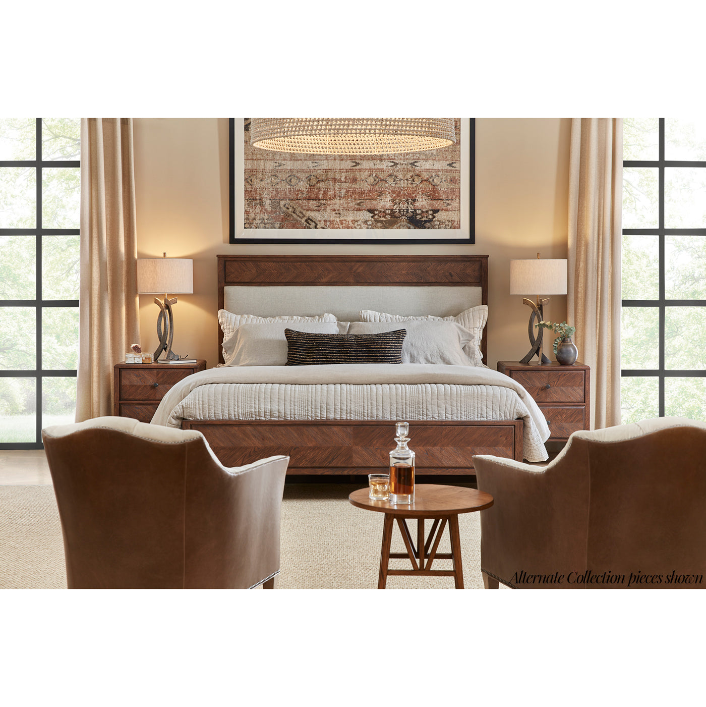 Bedroom with oak bedside table and modern decor.