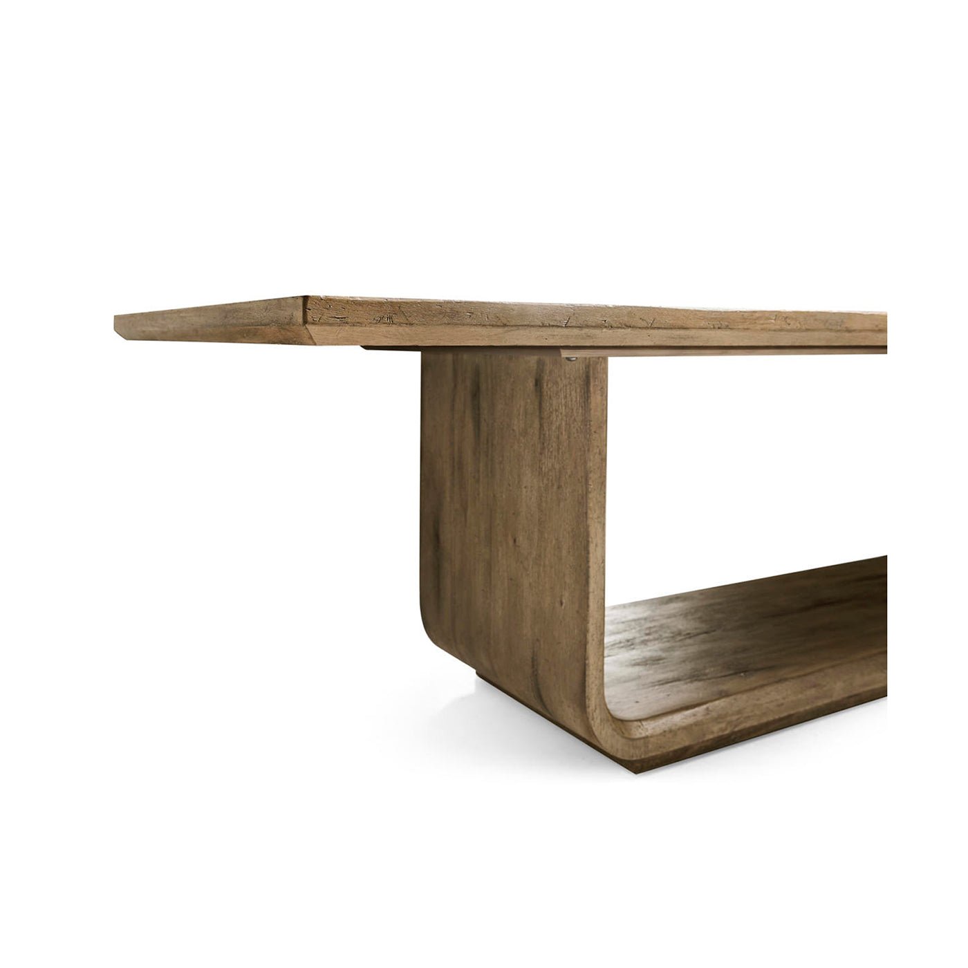 Close-up of dining table edge and pedestal base.