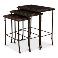 Set of 3 nesting tables with embossed dark leather tops and slim wrought iron bases in rust finish