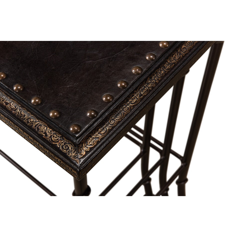 Embossed Leather Nesting Tables, Set of 3 with Wrought Iron Bases - additional view