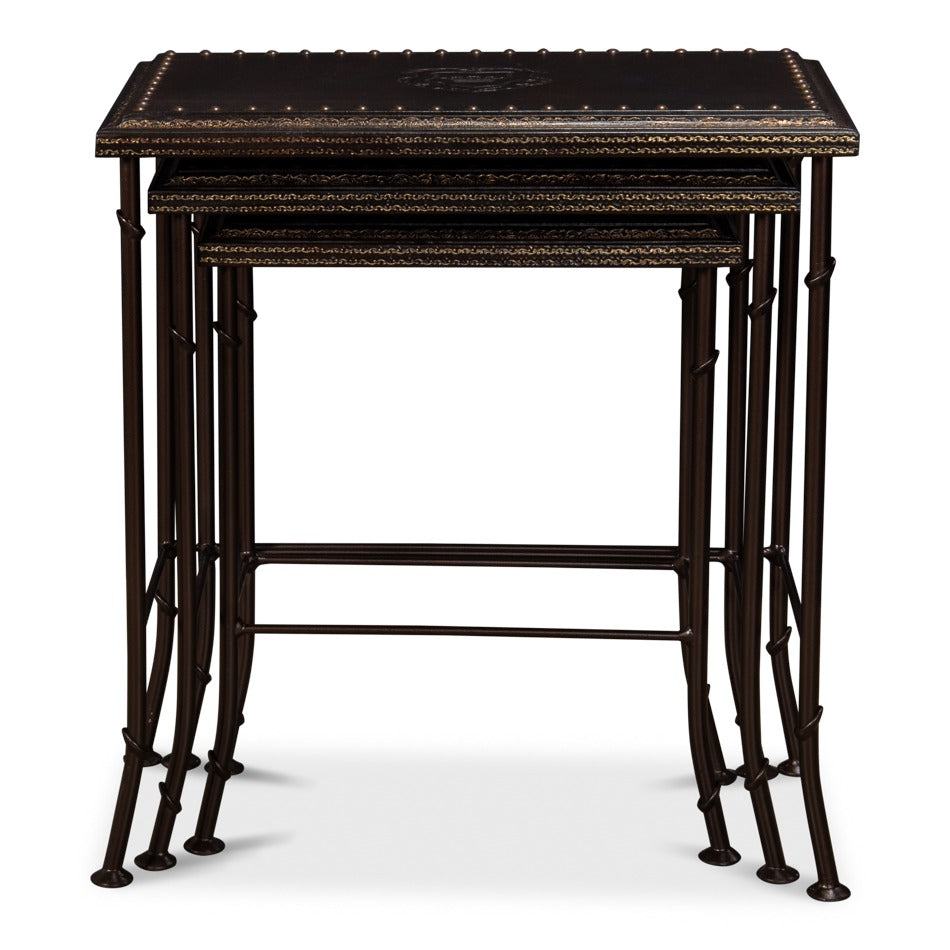 Embossed Leather Nesting Tables, Set of 3 with Wrought Iron Bases - additional view