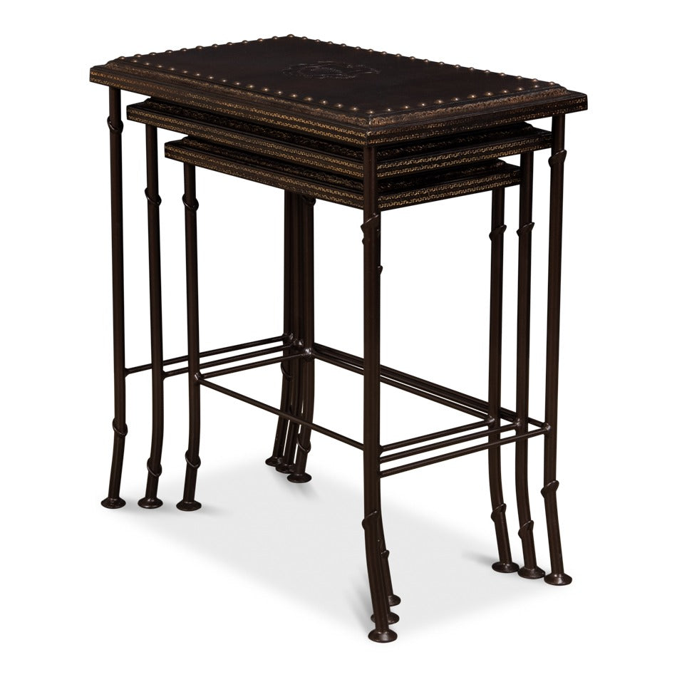 Embossed Leather Nesting Tables, Set of 3 with Wrought Iron Bases - additional view