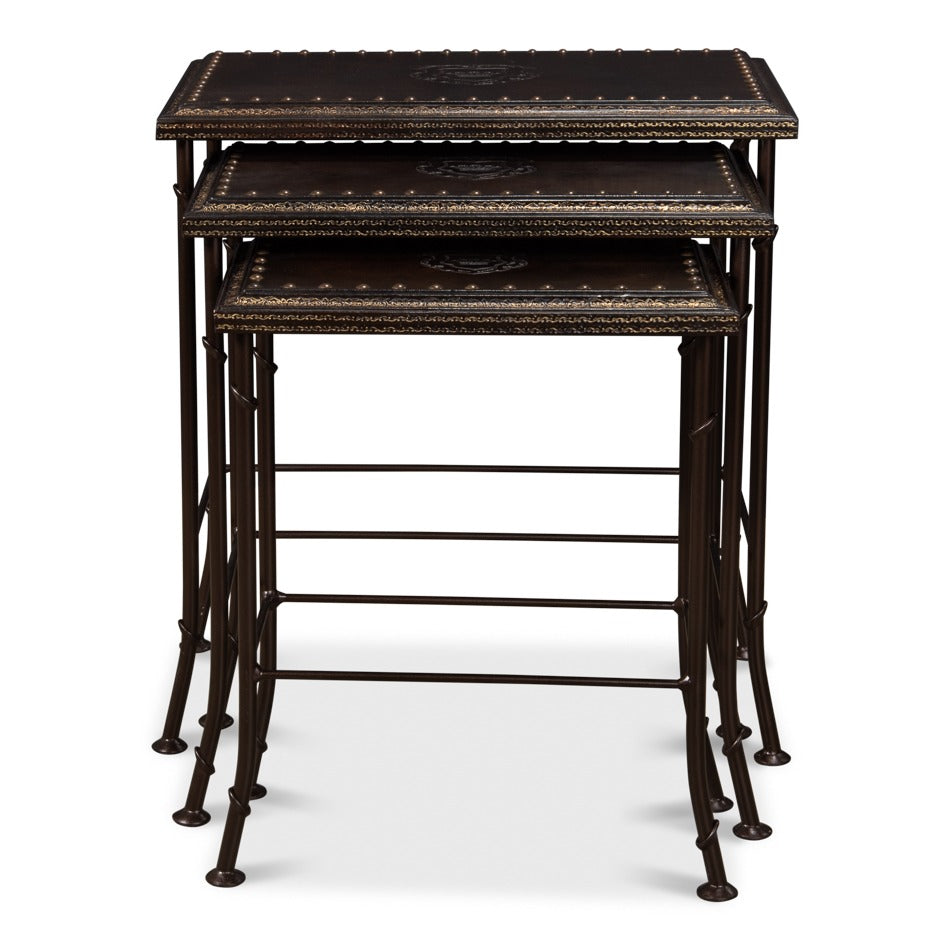 Embossed Leather Nesting Tables, Set of 3 with Wrought Iron Bases - additional view