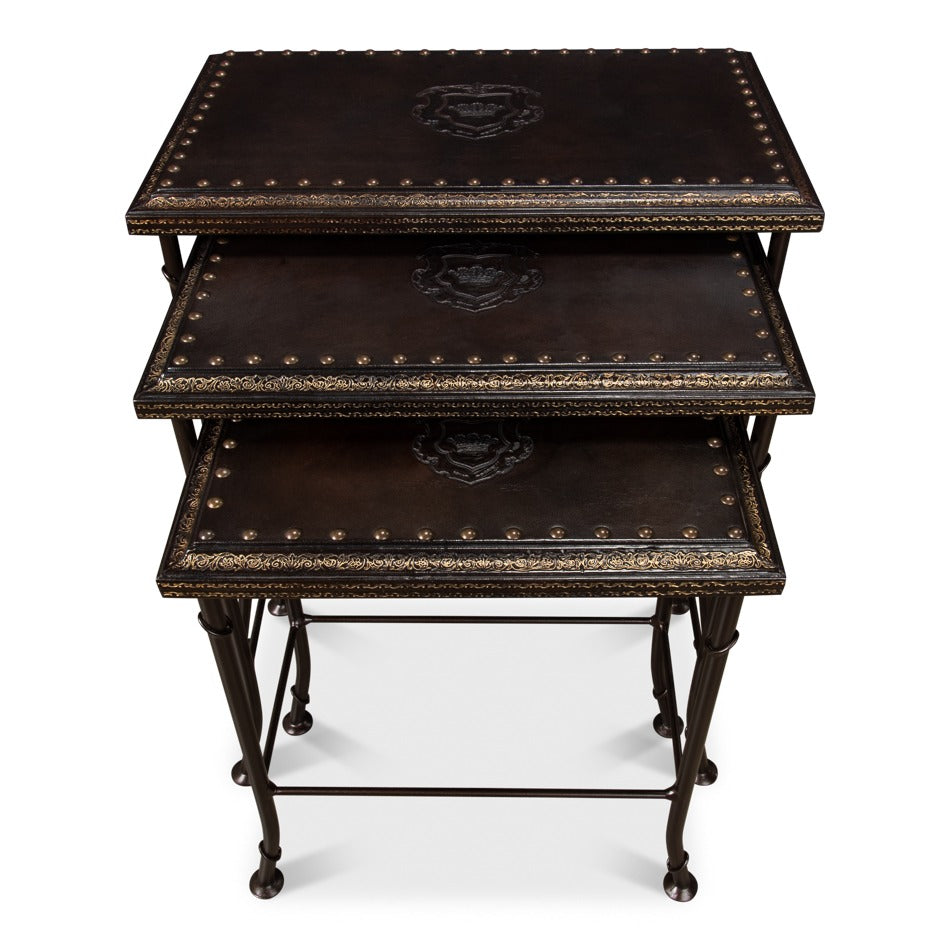 Embossed Leather Nesting Tables, Set of 3 with Wrought Iron Bases - additional view