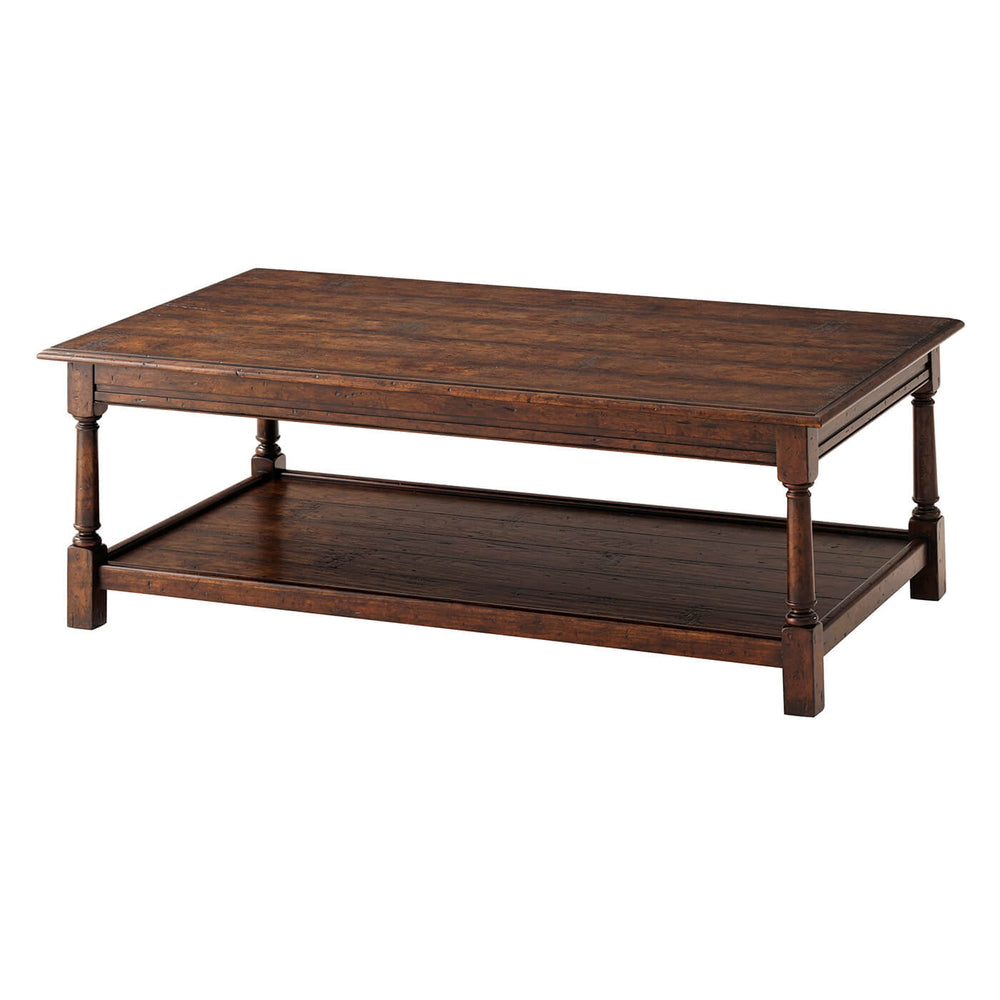 Dark wood cocktail table, angled view.