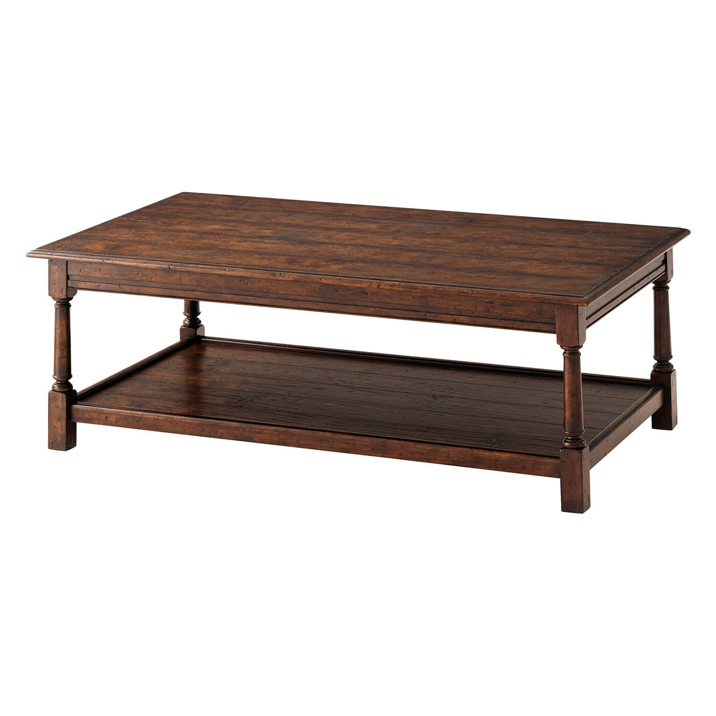 Dark wood cocktail table, angled view.