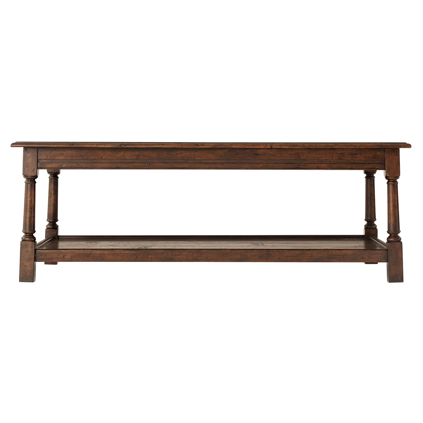 Side view of dark wood cocktail table.