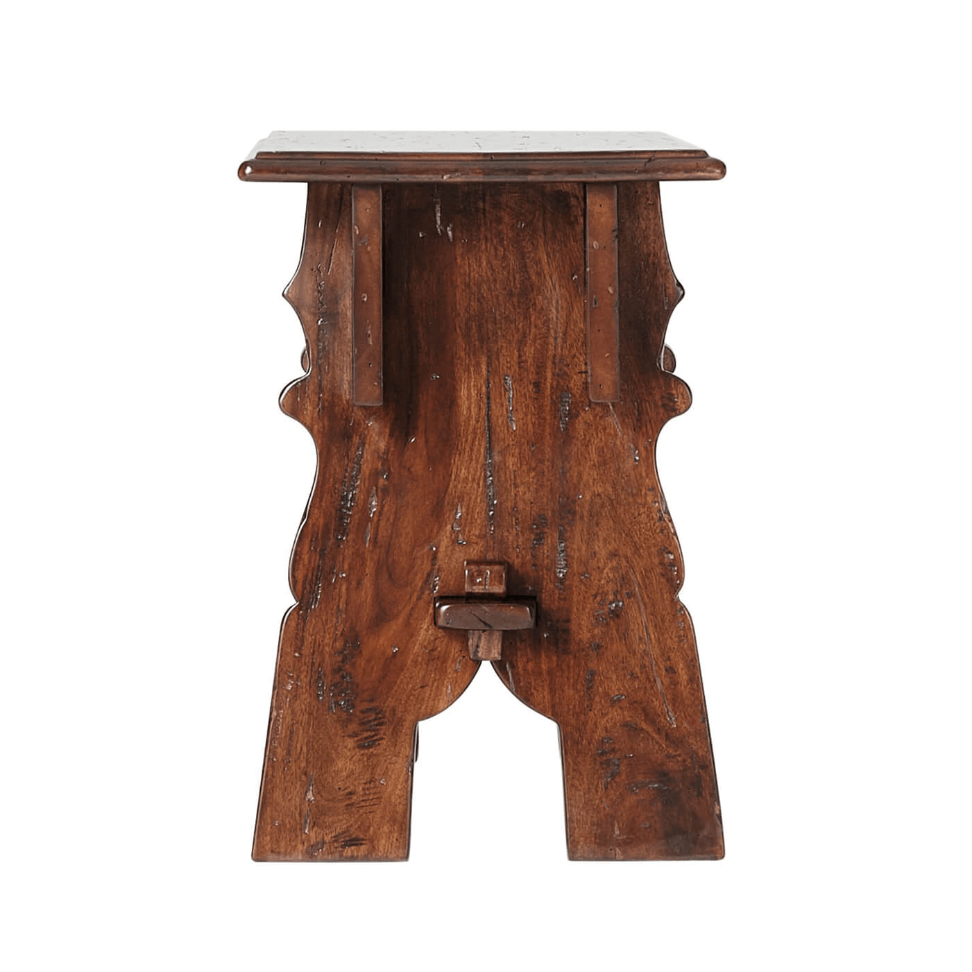 Wooden joint stool, side view, showcasing craftsmanship.