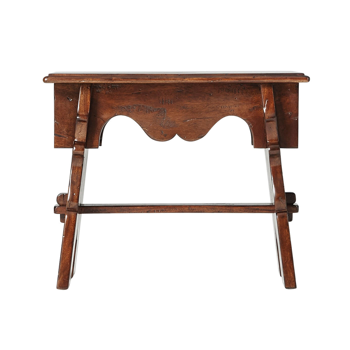 Wooden joint stool, straight front view, detailed legs visible.