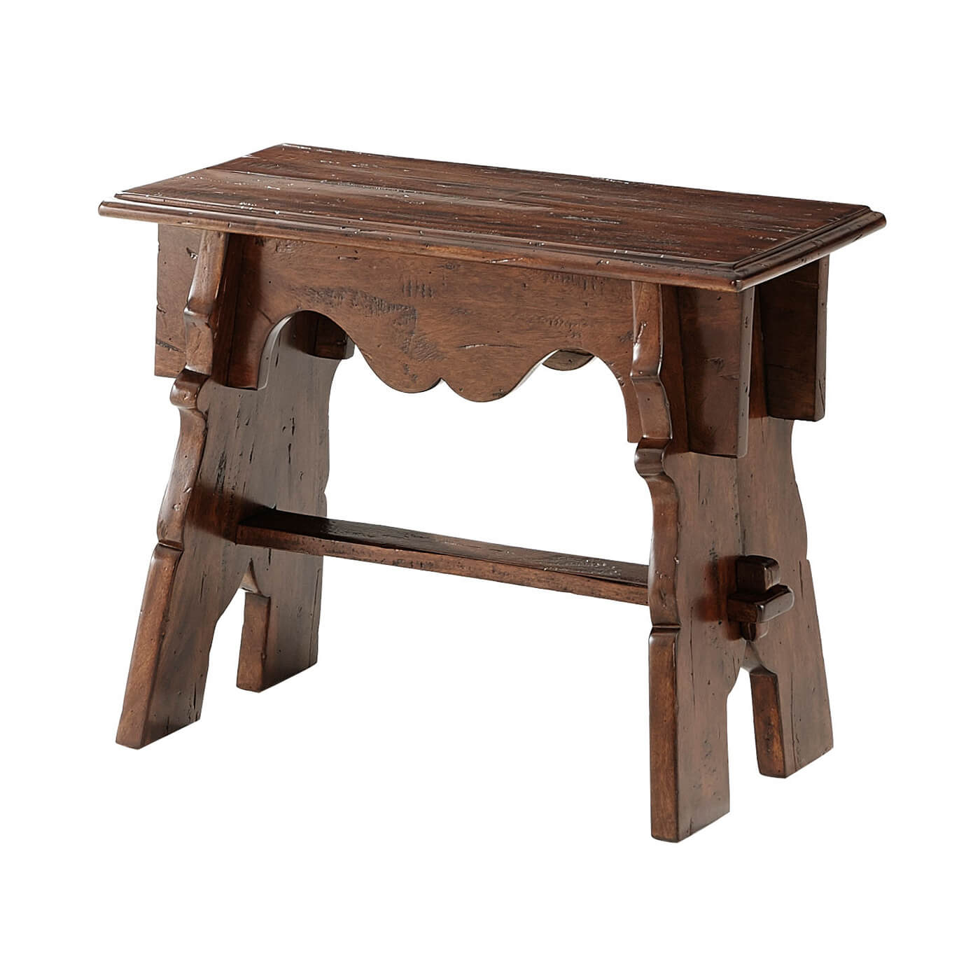Wooden joint stool, angled front view, intricate design.