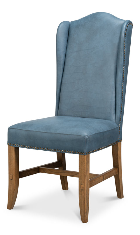 Blue Leather Wingback Dining Chairs, High Back, Sets of 2