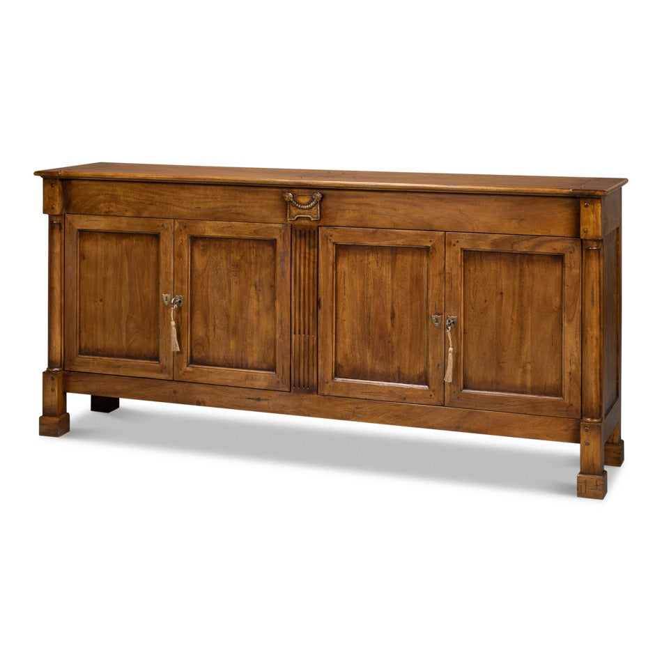 Traditional Walnut Credenza – Fruitwood Finish, Fluted Stile – styled view