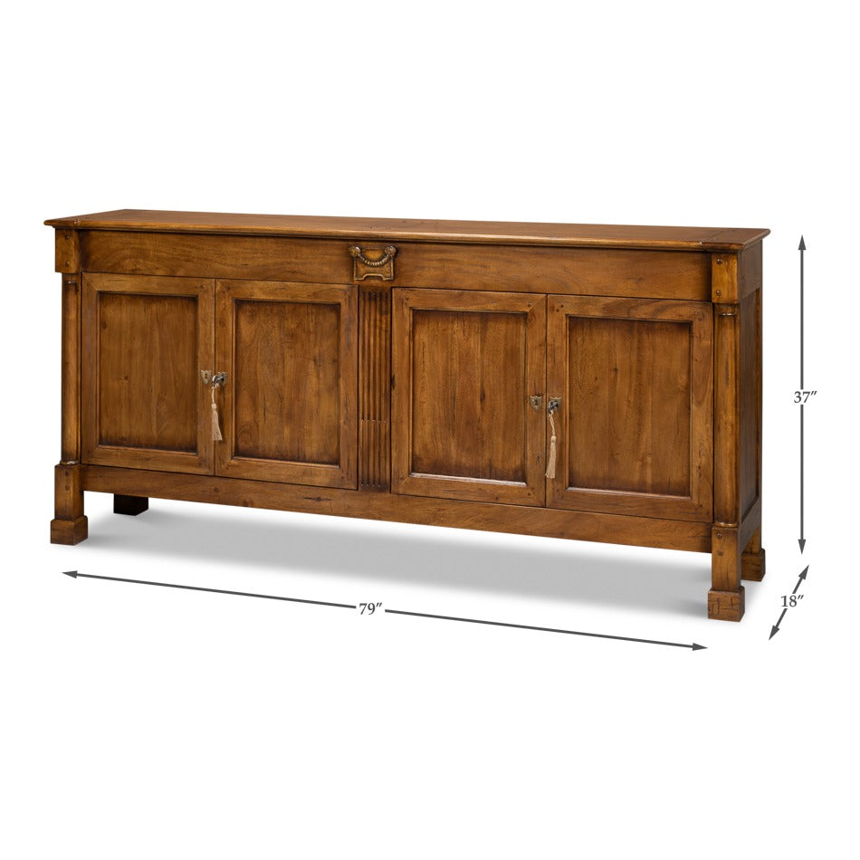 Traditional Walnut Credenza – Fruitwood Finish, Fluted Stile - dimension drawing