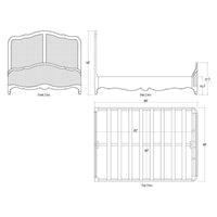 Dimensions of French Provincial queen bed illustrated.