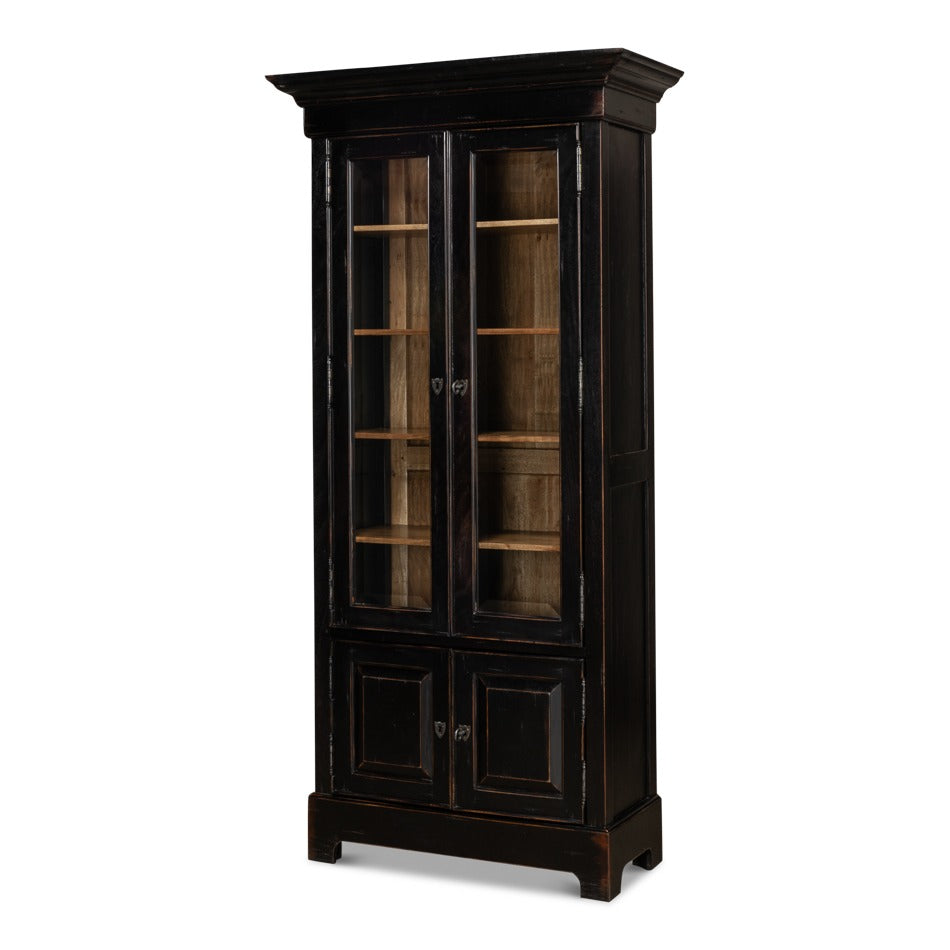 Traditional Tall Bookcase, 80" – Ebonized Walnut with Glass Display Doors – styled view
