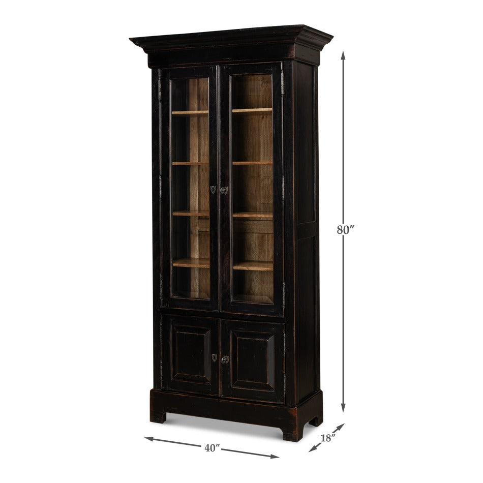 Traditional Tall Bookcase, 80" – Ebonized Walnut with Glass Display Doors - dimension drawing