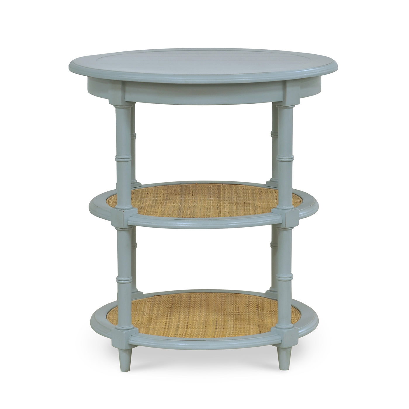 Round end table with shelves, front view