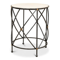 round drum lamp table with aged white marble top and open iron cage base in old iron finish