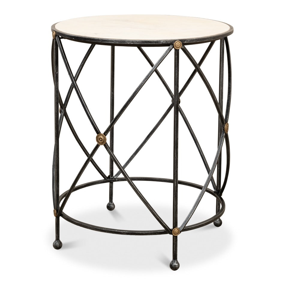 round drum lamp table with aged white marble top and open iron cage base in old iron finish