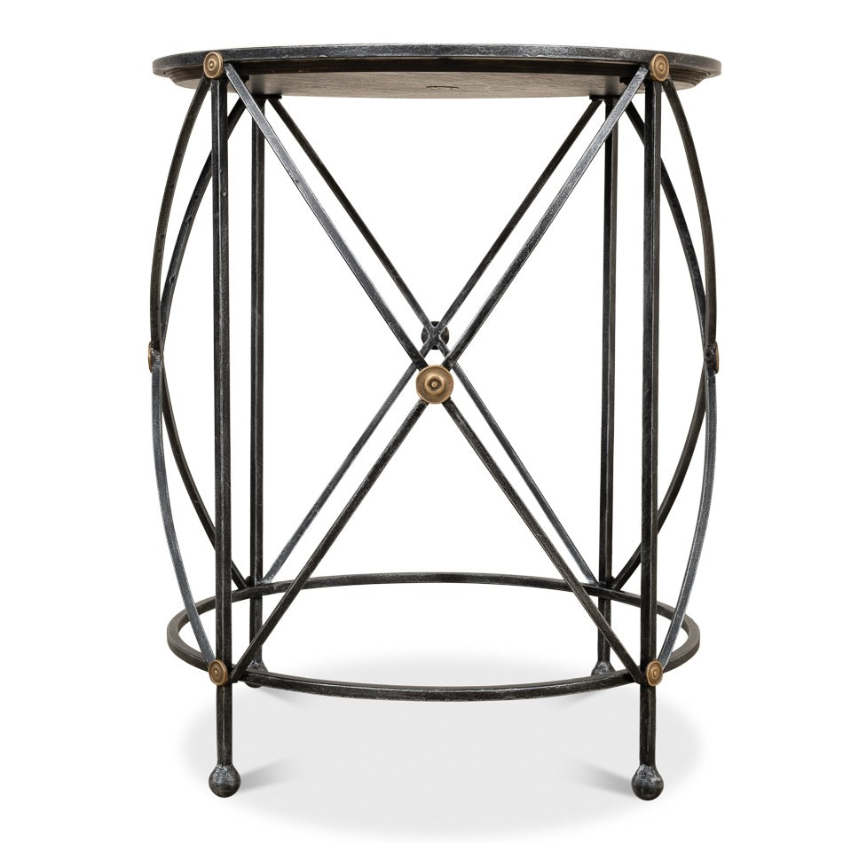 Round Drum Lamp Table with Aged White Marble Top - additional view