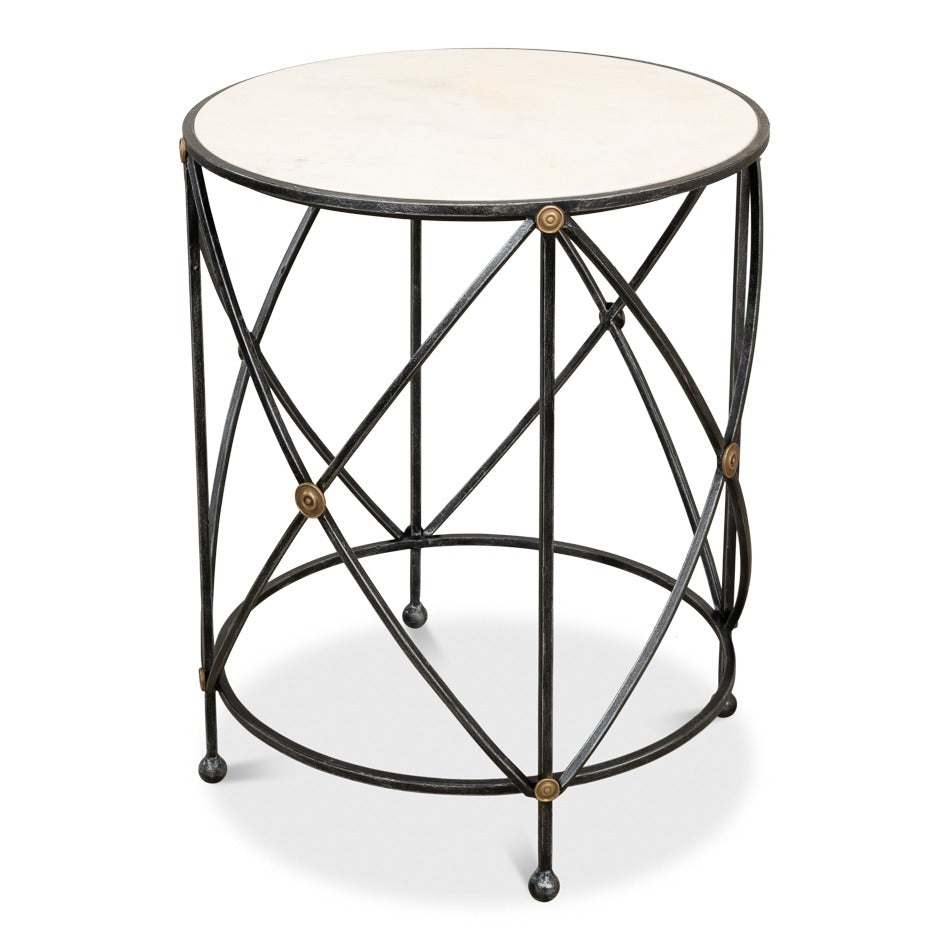 Round Drum Lamp Table with Aged White Marble Top - additional view