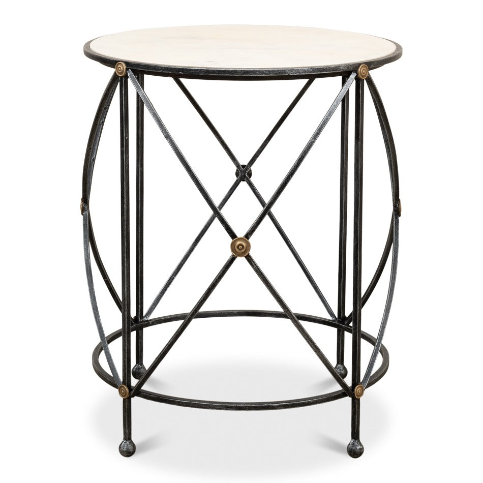 Round Drum Lamp Table with Aged White Marble Top - additional view