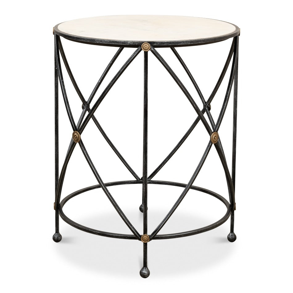 Round Drum Lamp Table with Aged White Marble Top - additional view