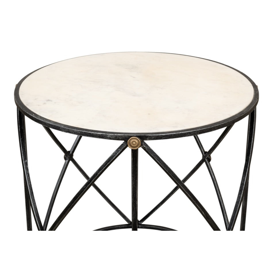 Round Drum Lamp Table with Aged White Marble Top - additional view