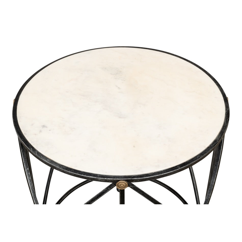 Round Drum Lamp Table with Aged White Marble Top - additional view