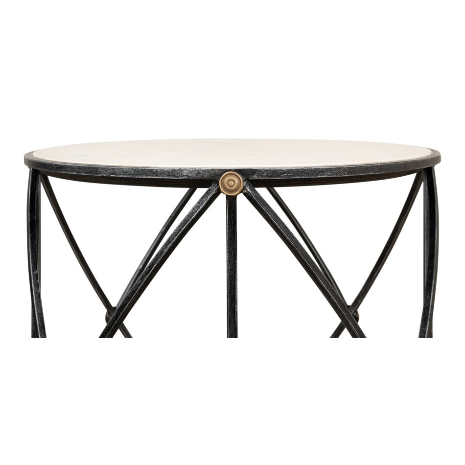 Round Drum Lamp Table with Aged White Marble Top - additional view