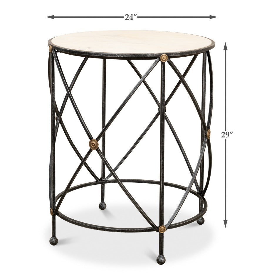 Round Drum Lamp Table with Aged White Marble Top - dimension drawing