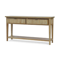 Mid Century console table, fruitwood finish, angled perspective.