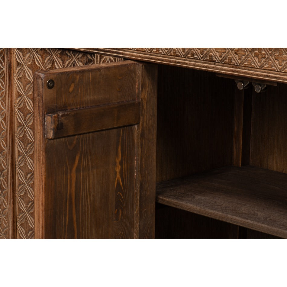 Rustic Carved Moroccan Sideboard, 98" - Burnt-Brown Reclaimed Pine with Geometric Door Panels - additional view