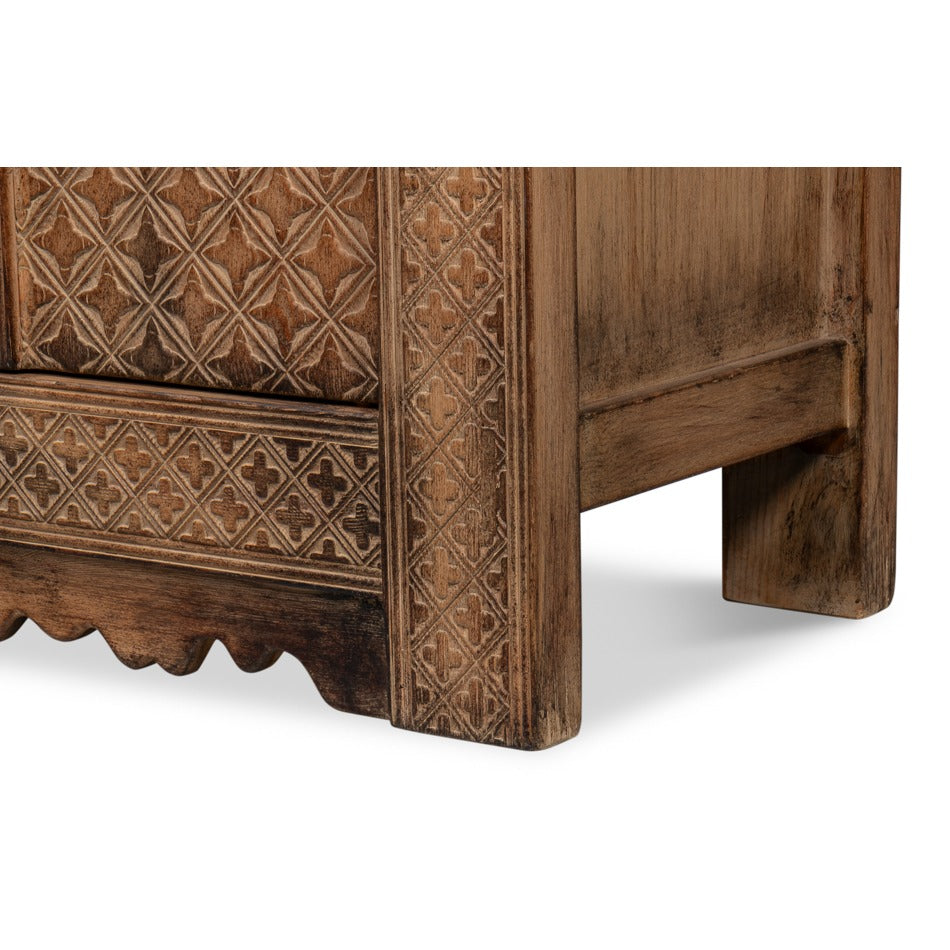 Rustic Carved Moroccan Sideboard, 98" - Burnt-Brown Reclaimed Pine with Geometric Door Panels - additional view