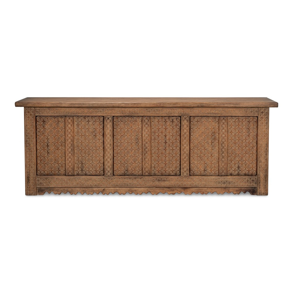 Rustic Carved Moroccan Sideboard, 98" - Burnt-Brown Reclaimed Pine with Geometric Door Panels - additional view