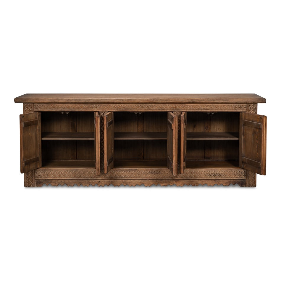 Rustic Carved Moroccan Sideboard, 98" - Burnt-Brown Reclaimed Pine with Geometric Door Panels - additional view